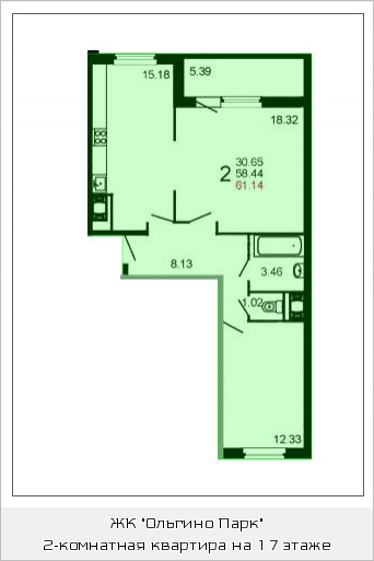 Двухкомнатная квартира 60.9 м²