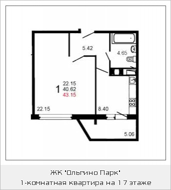 Однокомнатная квартира 43.1 м²