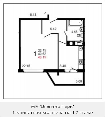 Однокомнатная квартира 43 м²