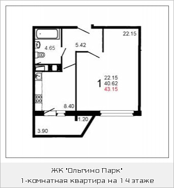 Однокомнатная квартира 42.9 м²