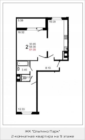 Двухкомнатная квартира 60.8 м²