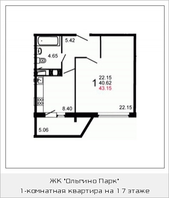 Однокомнатная квартира 43.1 м²