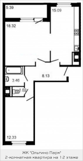 Двухкомнатная квартира 60.8 м²