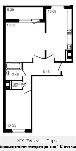 Двухкомнатная квартира 61.2 м²